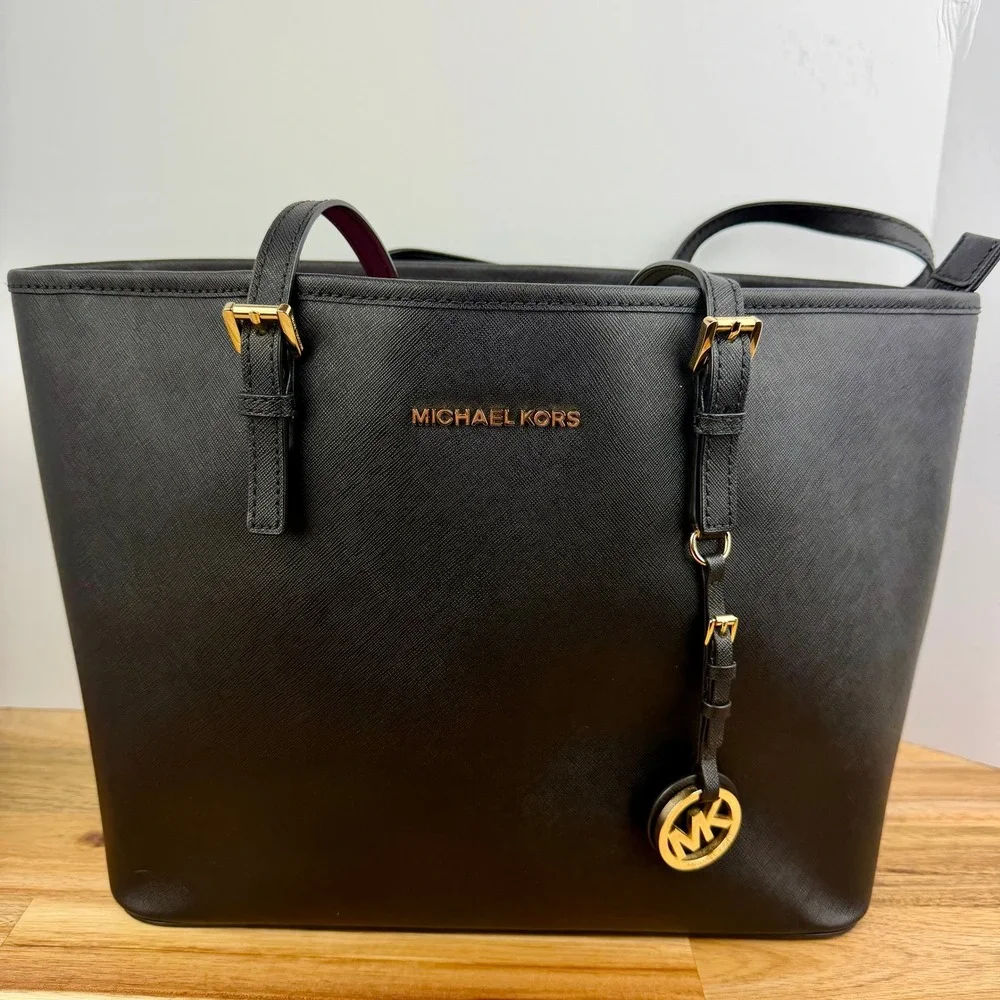 Michael Kors Jet Set Travel Tote Black Saffiano Leather Gold Hardware Bag